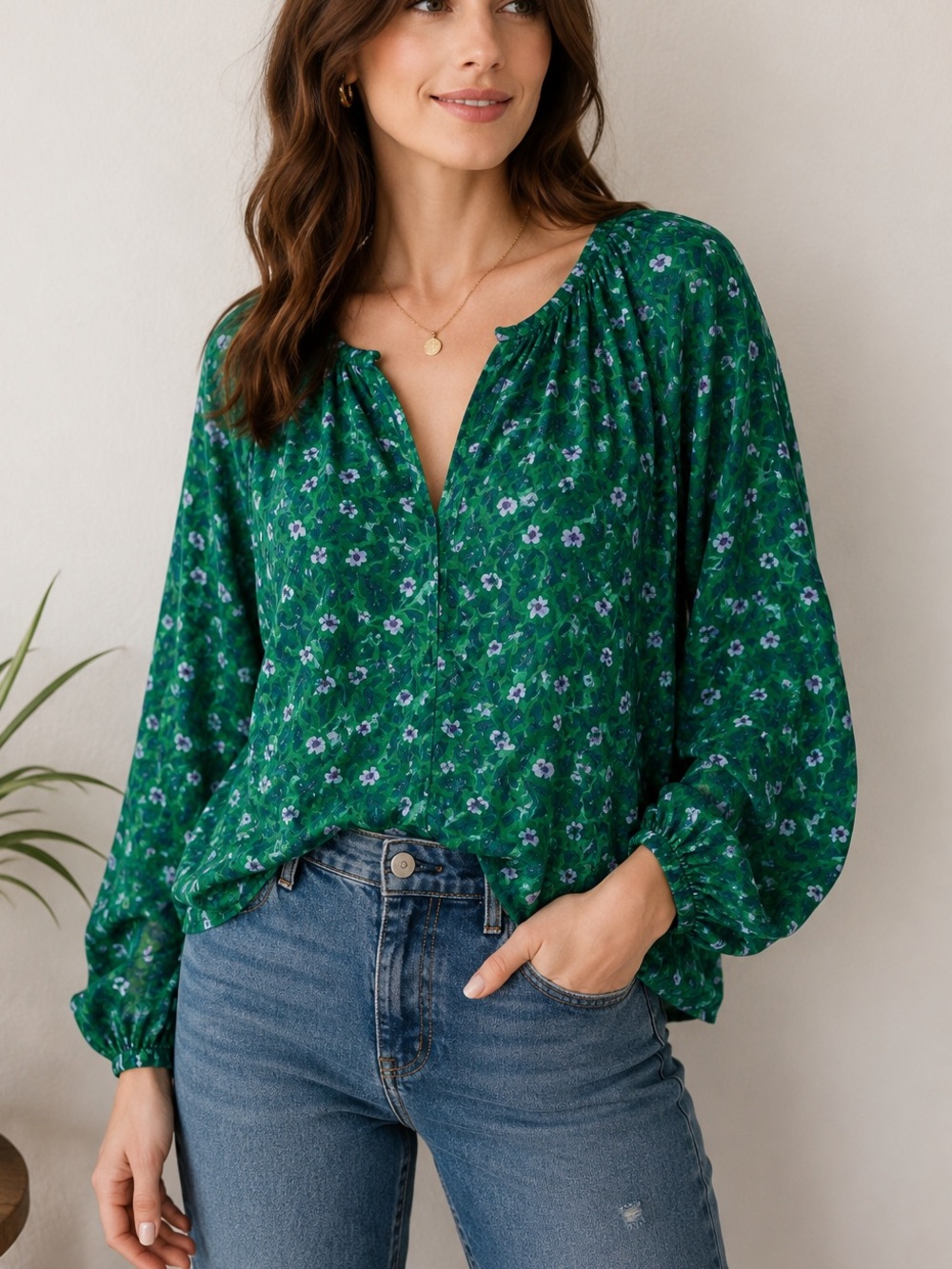 Roller Rabbit Green Floral Boho Peasant Blouse Size Small Lightweight Flowy Top